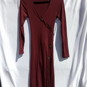Mango Ribbed Long-Sleeve Wrap Dress in Burgundy Wine